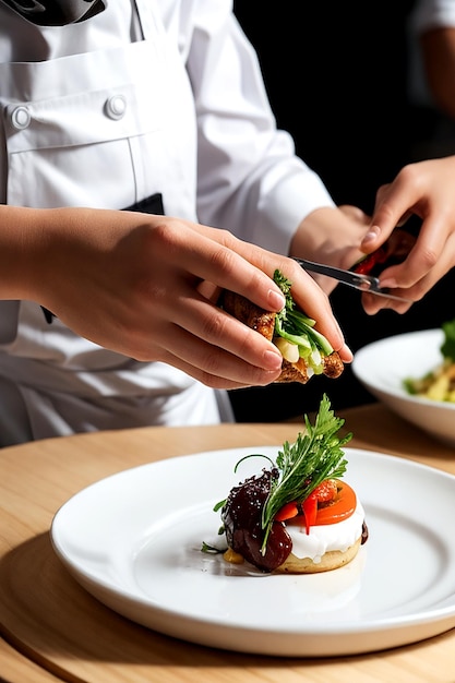 Foto ein moderner food-stylist dekoriert sorgfältig eine mahlzeit für die präsentation in einem aigenerated-restaurant