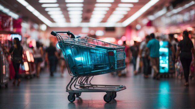 Ein moderner futuristischer Einkaufswagen, der auf dem Hintergrund eines Supermarkts isoliert ist