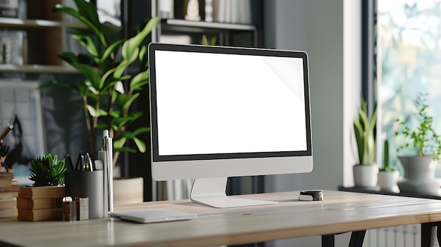 Ein moderner iMac sitzt auf einem Holztisch in einem Heimbüro. Der Schreibtisch ist auch mit ein paar Pflanzen, einem Bleistifthalter und einer Maus geschmückt.