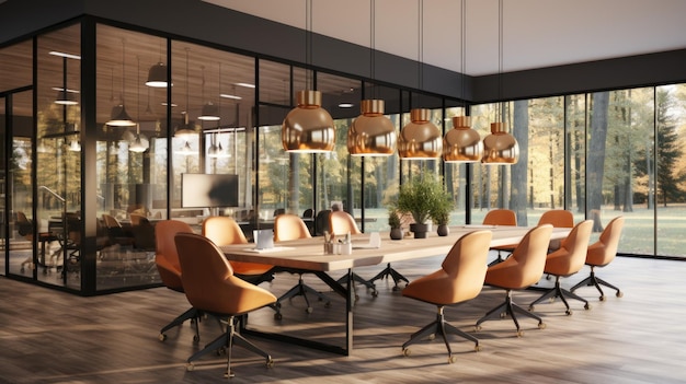 Ein moderner Konferenzraum mit orangefarbenen Stühlen