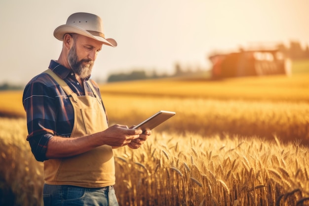 Ein moderner Landwirt nutzt ein digitales Tablet, um die Ernte und die Ernteleistung zu überprüfen