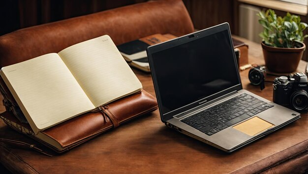 Ein moderner Laptop und ein klassisches Lederbuch