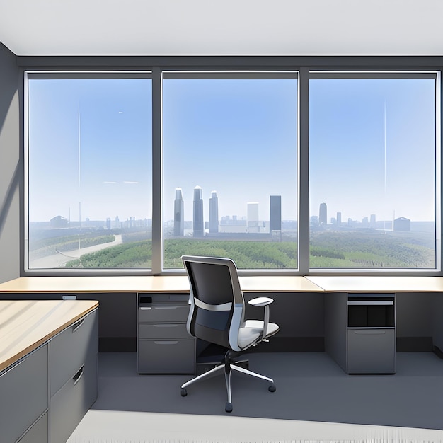 Ein moderner, minimalistischer Büroraum mit klaren Linien, einem eleganten ergonomischen Schreibtischstuhl und Panoramablick
