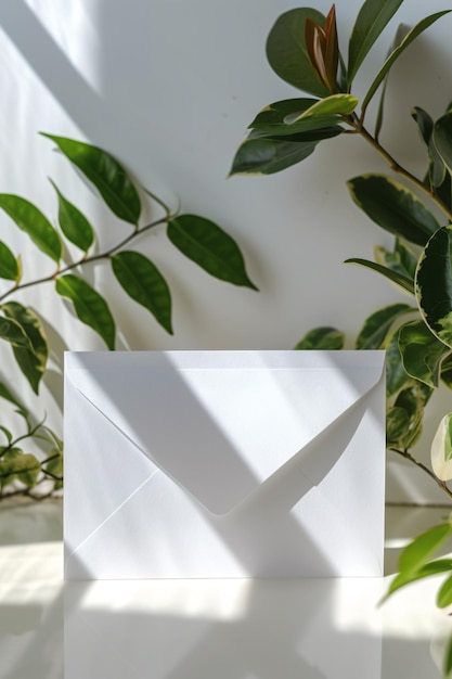 Ein moderner Postumschlag mit wenigen Pflanzen oder Blättern auf einem sauberen, hellen Hintergrund