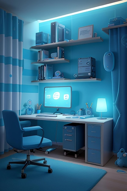Ein moderner Raum für Freiberufler, gefüllt mit den neuesten technischen Geräten, beleuchtet durch sanftes blaues Licht