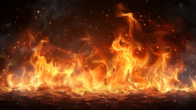 Ein moderner realistischer Wärmeeffekt von Flammen im Lagerfeuer aus Schmiedewerk oder Hölle isoliert auf durchsichtigem Hintergrund Rauchfunken und Feuerpartikel