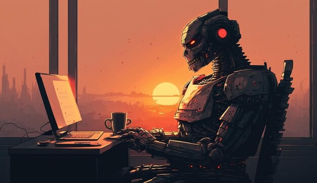 Ein moderner Roboter sitzt in einem Büro und arbeitet bei Sonnenuntergang an einem Laptop