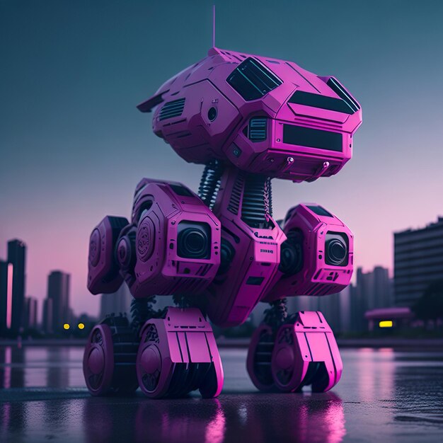 Ein moderner rosafarbener Lieferroboter mit einer Stadt im Hintergrund. Generative KI