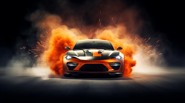 Ein moderner Sportwagen, aus dem orangefarbene Rauchfunken aufsteigen