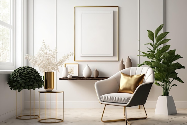 Ein moderner Wohnbereich mit einem Design-Sessel und einem guten goldfarbenen Couchtisch mit Kunstplakat umrahmt Blumen
