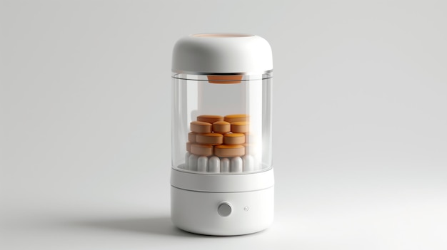 Ein moderner zylindrischer automatischer Tablettenverleiher mit gestapelten orangefarbenen Tabletten im Inneren