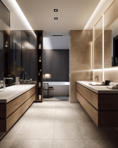 Ein modernes Badezimmer mit Badewanne und zwei Waschbecken mit hellem Fliesenboden und Holzdetails