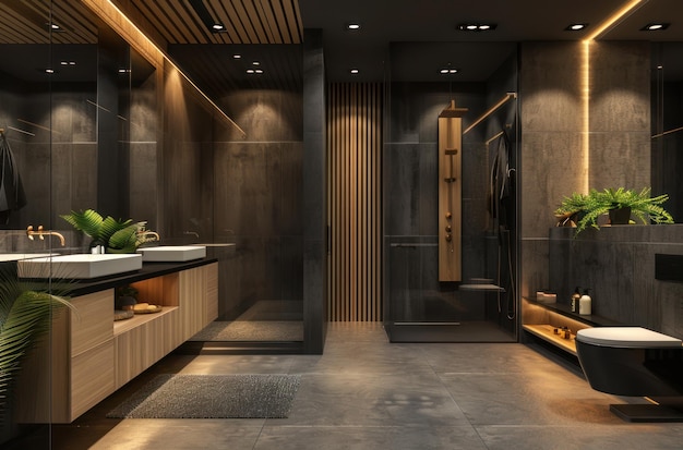 ein modernes Badezimmer mit hölzernen Akzenten und grauen Wänden