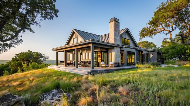 Ein modernes Bauernhaus befindet sich auf einem Hügel mit Blick auf eine üppig grüne Landschaft. Das Haus hat eine große Veranda, einen Steinkamin und ein Metalldach.