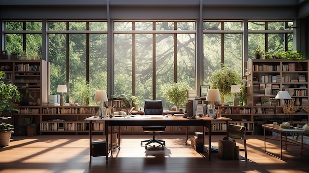 Ein modernes Büro mit einem großen Fenster mit Blick auf einen Berg