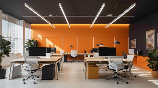 Ein modernes Büro mit einem neutralen Farbschema, einer lebendigen orangefarbenen Akzentwand und minimalistischen Arbeitsplätzen