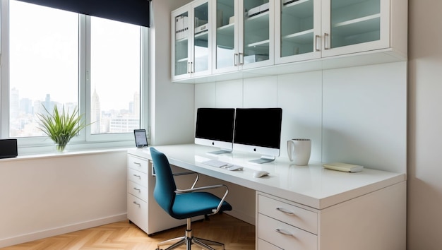 Ein modernes Büro mit einem Schreibtischcomputer und Pflanzen zur Inspiration