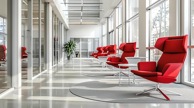 Ein modernes Büro mit einer Reihe roter Sessel und weißer Tische