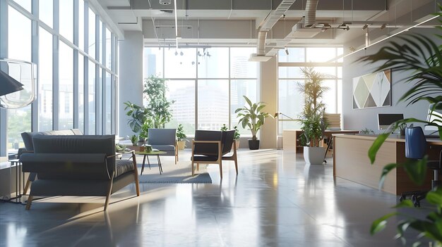 Ein modernes Büro mit großen Fensterpflanzen und einem bequemen Sitzbereich