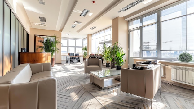 Ein modernes Bürointerieur mit einem großen Glasfenster, Holzmöbeln und grünen Pflanzen