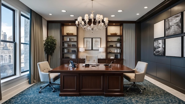 Ein modernes Firmenbüro mit eleganter Dekoration, ideal für Sitzungen und Zusammenarbeit