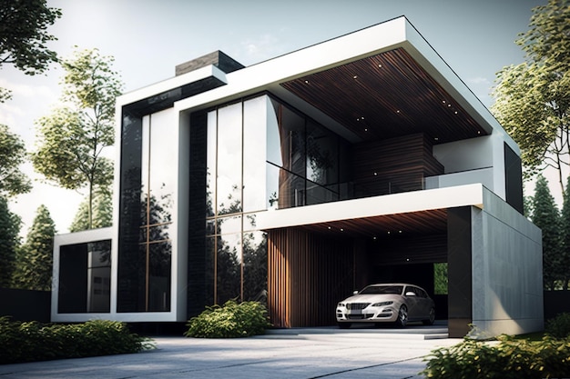 Ein modernes Haus mit einem davor geparkten Auto