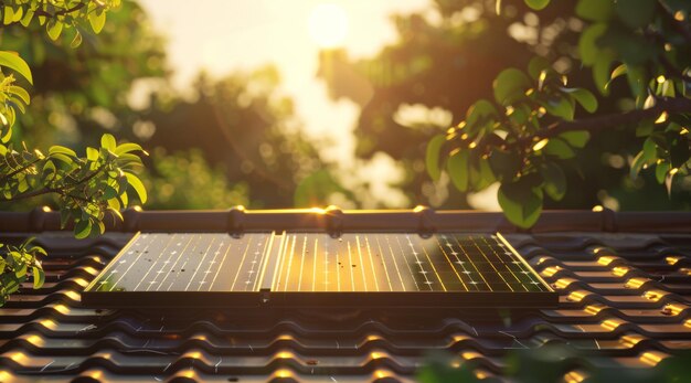 Ein modernes Haus mit einem mit Sonnenpanelen bedeckten Dach, das im Sonnenlicht gebadet wird und einen Schritt in Richtung grüner Energie darstellt