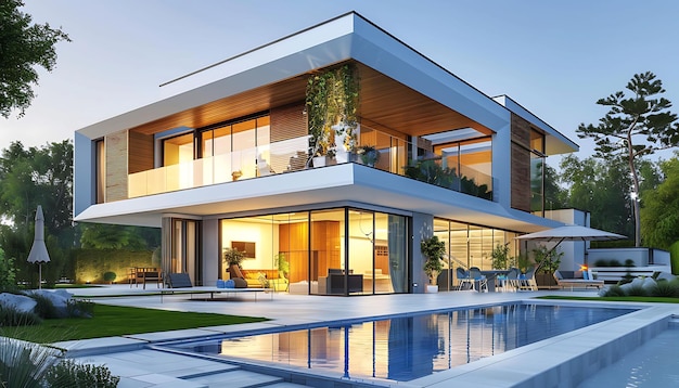 ein modernes Haus mit einem Pool, umgeben von üppigem Grün, mit einem blauen Stuhl und weißen Regenschirmen gegen einen klaren blauen Himmel