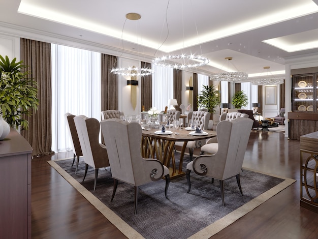 Ein modernes Hotelzimmer im klassischen Stil mit Wohn- und Essbereich und Designermöbeln. 3D-Rendering