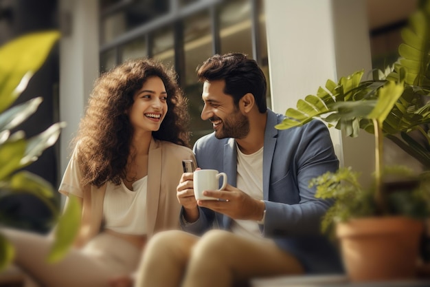 Ein modernes indisches junges Paar, das zu Hause Kaffee trinkt
