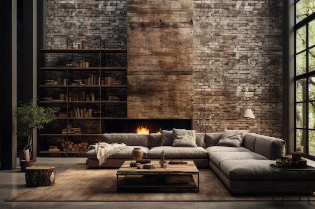 Ein modernes, industrielles Wohnzimmer mit einer Betonwand im Hintergrund und einem Sofa, eingerahmt von einer generativen KI-Attrappe