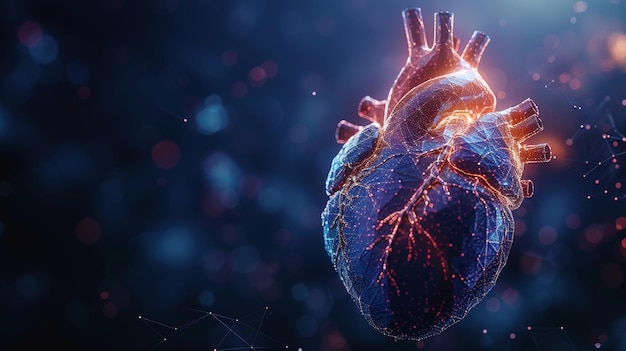 Ein modernes isoliertes Herz mit einem Schmerzzzentrum, niedrigem Poly-Wireframe und Punkten, Polygonal 3D-weißes menschliches Organ auf einem dunklen Hintergrund, Medizin-Konzept mit geometrischen Dreiecken, abstrakte Herzschmerz-Mash-Linie.