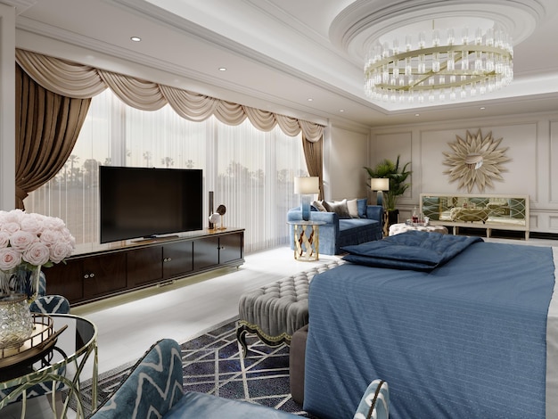 Ein modernes klassisches Schlafzimmer mit einer großen Holzkommode und einem Fernseher und einem blauen Sofa