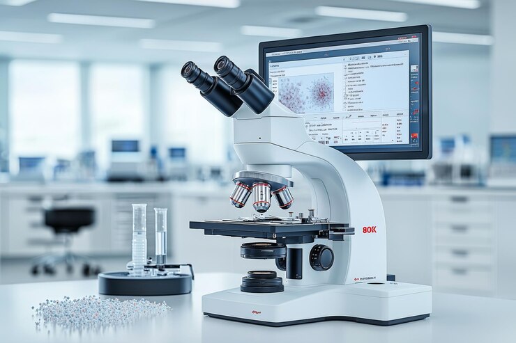 Ein modernes Labor, das mit einem Hightech-Mikroskop ausgestattet ist, zeigt detaillierte mikroskopische Proben auf einem