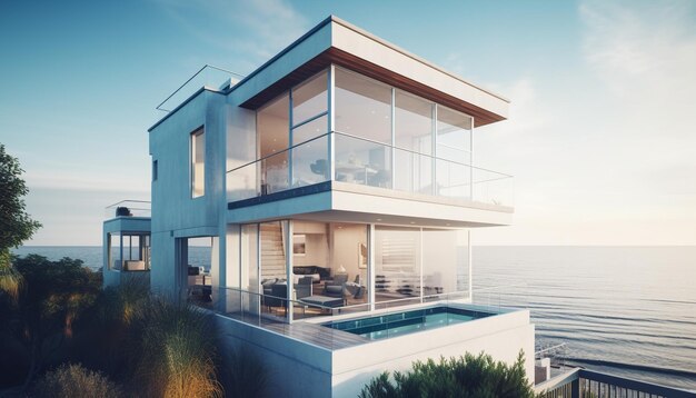 Ein modernes Luxusapartment mit Balkon und Blick auf das von KI erzeugte blaue Wasser