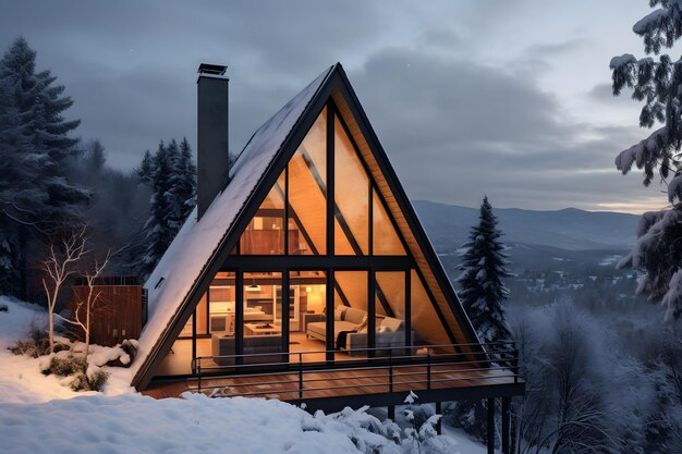 ein modernes minimalistisches Holzkabinenhaus in einer schneebedeckten Landschaft im Winter