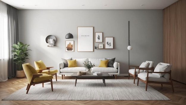 Ein modernes minimalistisches Wohnzimmer mit eleganter Dekoration und warmen Tönen