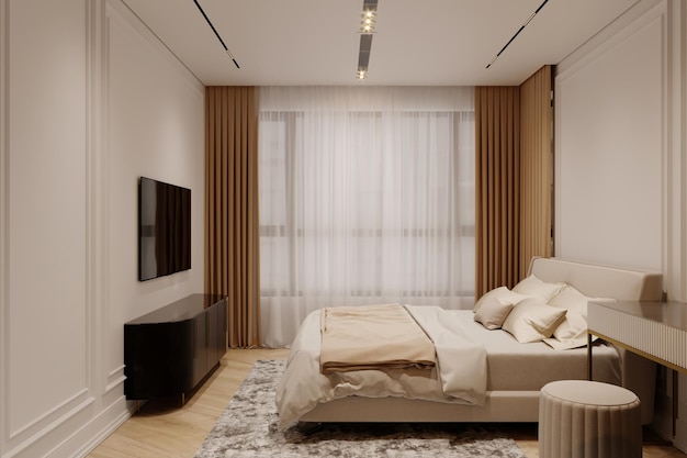 Ein modernes Schlafzimmer im Inneren einer Wohnung im skandinavischen Stil