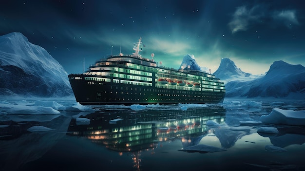 Foto ein modernes weißes kreuzfahrtschiff segelt durch den arktischen ozean zwischen eisschwellen und asbergs reisen und urlaub auf dem weg zum nordlicht