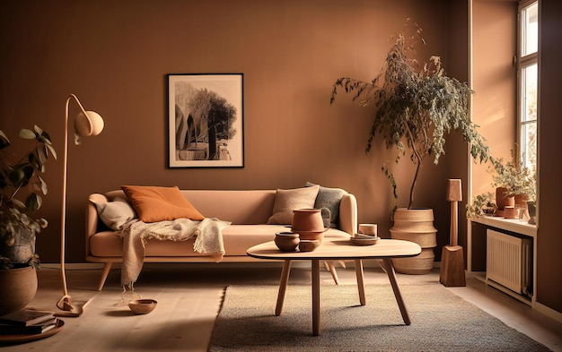Foto ein modernes wohnzimmer mit beigem sofa und beiger wand