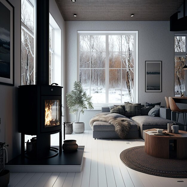 Ein modernes Wohnzimmer mit einem funktionalen Holzofen für die Winterzeit