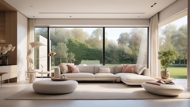 Ein modernes Wohnzimmer mit einem großen Fenster mit Blick auf eine Berglandschaft