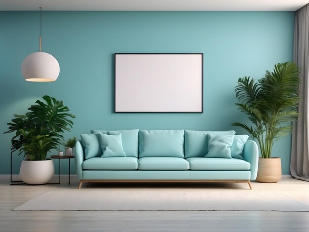 Ein modernes Wohnzimmer mit einer großen türkisfarbenen Wand mit einem zentralen leeren Modellrahmen ist minimalistisch