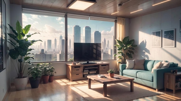 Ein modernes Wohnzimmer mit herrlichem Blick auf die Stadt durch das Glasfenster