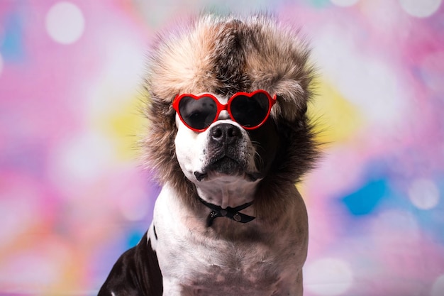 Ein modischer Hund in einem Hut mit Ohrenklappen und Brille Hundeskifahrer im Winterurlaub Neujahr und Weihnachten