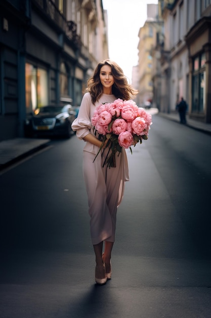 ein modisches Mädchen mit einem großen Blumenstrauß rosafarbener Pfingstblumen auf der Straße