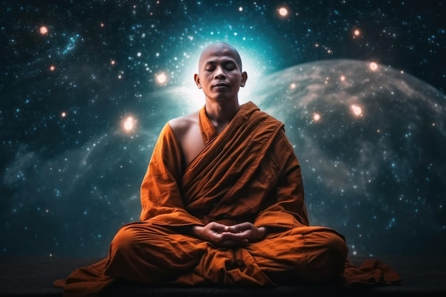 Ein Mönch meditiert vor einem Planeten mit dem Wort Buddha darauf.