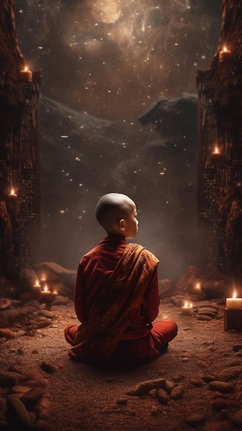 Ein Mönch sitzt vor einem Berg und hat ein Licht hinter sich.