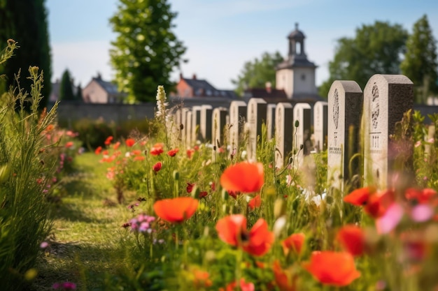 Ein Mohnfeld vor einer Kirche mit einer Kirche im Hintergrund.