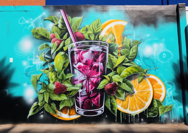 Ein Mojito-Cocktail auf einer mit Graffiti bedeckten Wand in einer belebten Stadtstraße. Das Bild ha